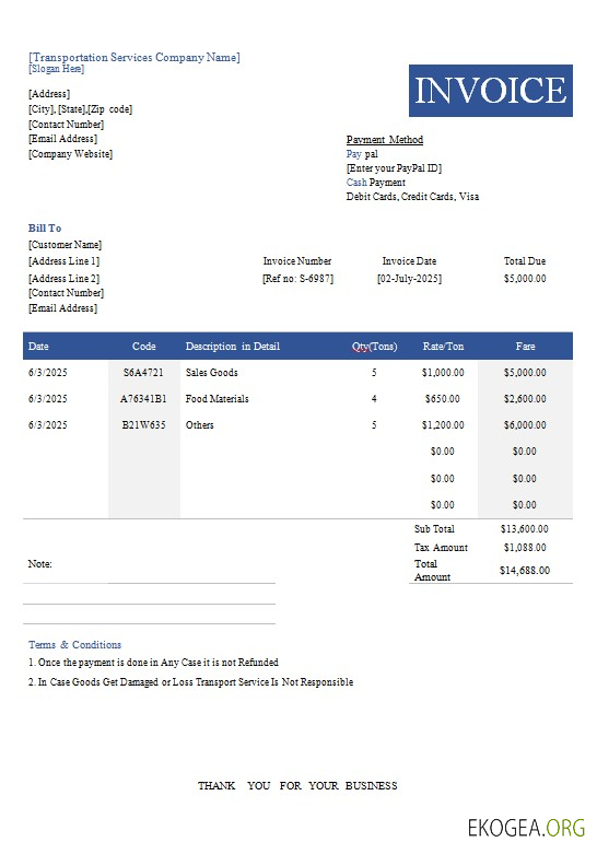 Modèle de facture de transport gratuit